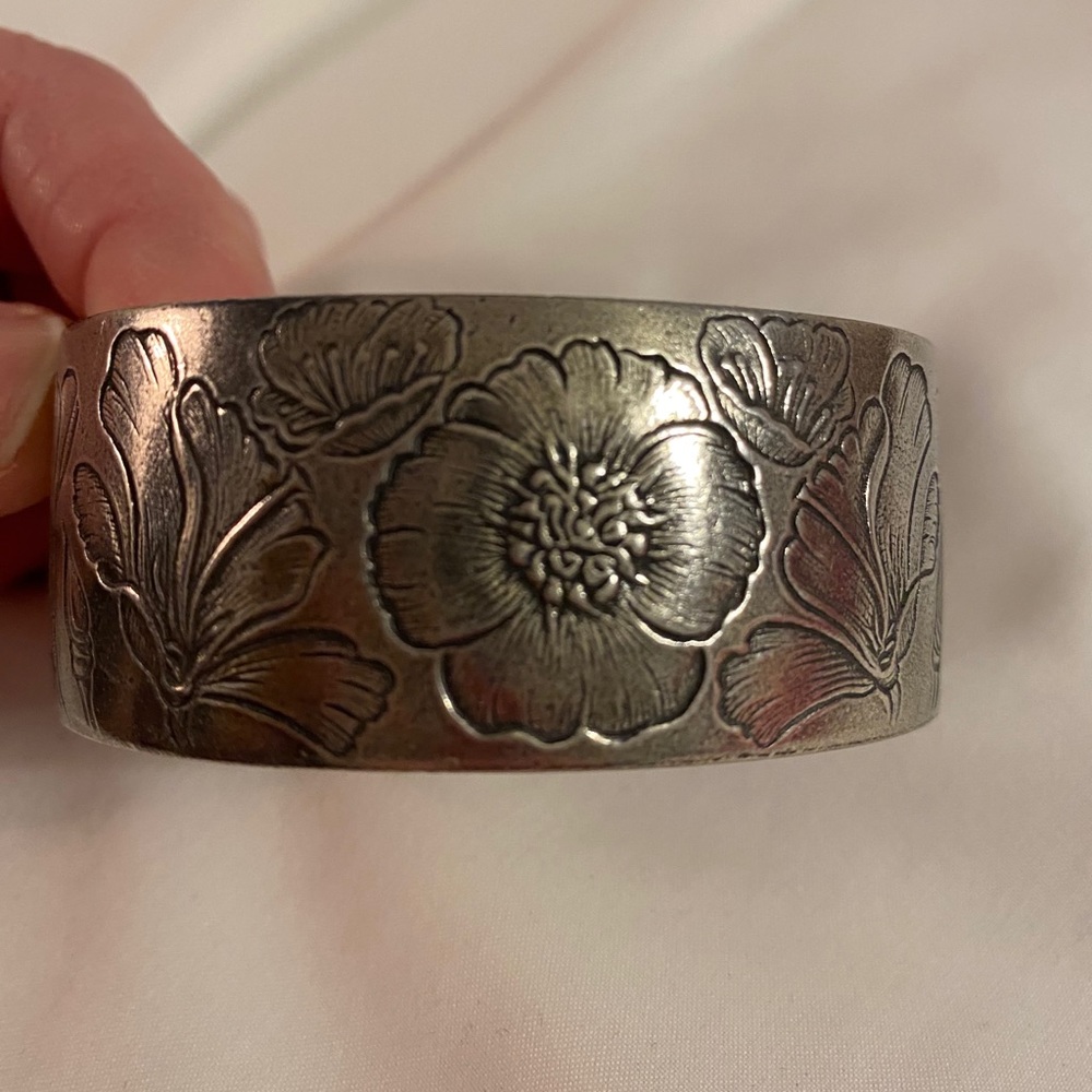 Pewter engraved floral cuff bracelet